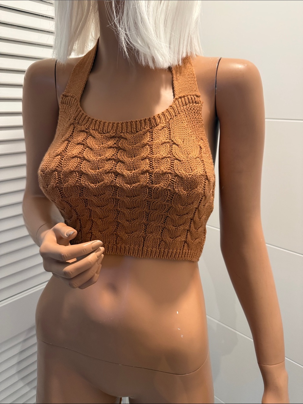Beige Botany medium Rust Cable Knit Halter Crop Top